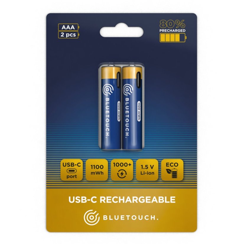 USB-C nabíjecí baterie BLUETOUCH - typ AAA, 1100 mWh, 2 ks v balení
