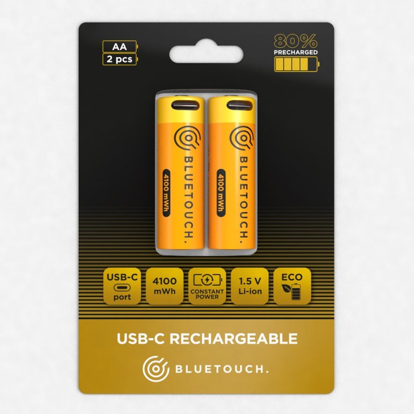 BLUETOUCH USB-C tölthető akkumulátor; AA típus, 4100 mWh, 2 db a csomagban
