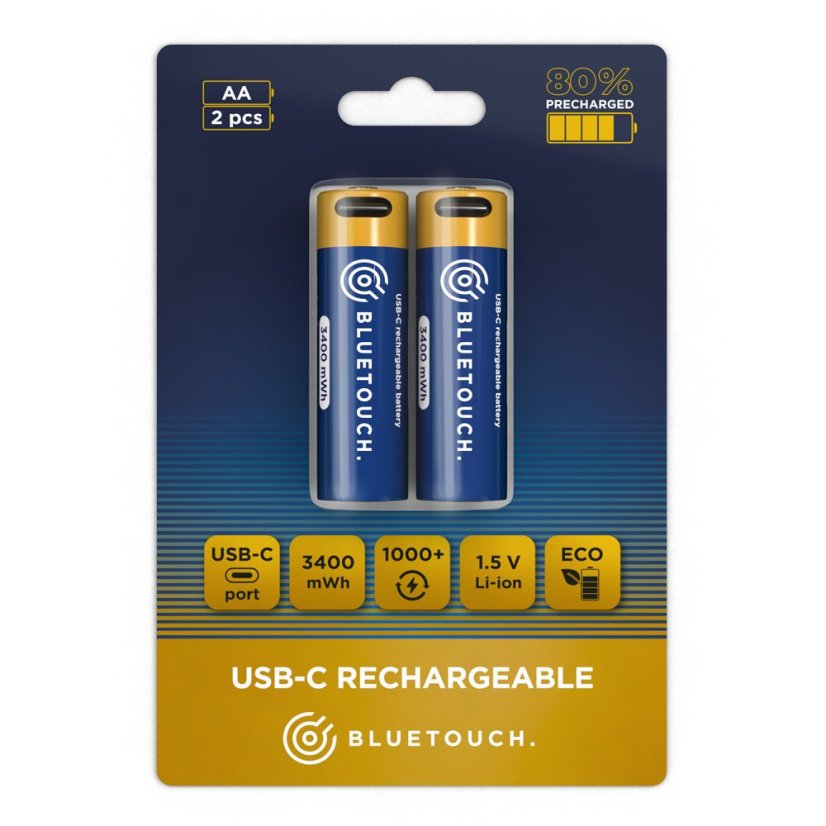 USB-C nabíjacie batérie BLUETOUCH - typ AA, 3400 mWh, 2 ks v balenie